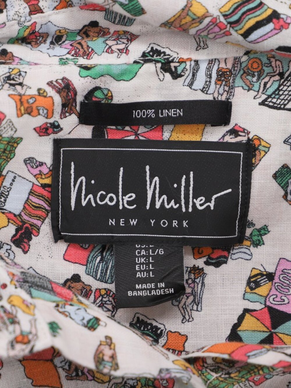 NICOLE MILLER Novelty Beach Scene Short Sleeve Linen Shirt Size L - Picture 6 of 7